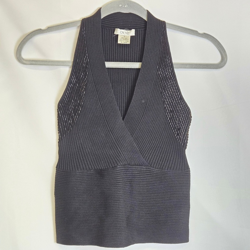 Cache Silk Blend Embellished Beaded Ribbed Knit V-neck Halter Top y2k Black S